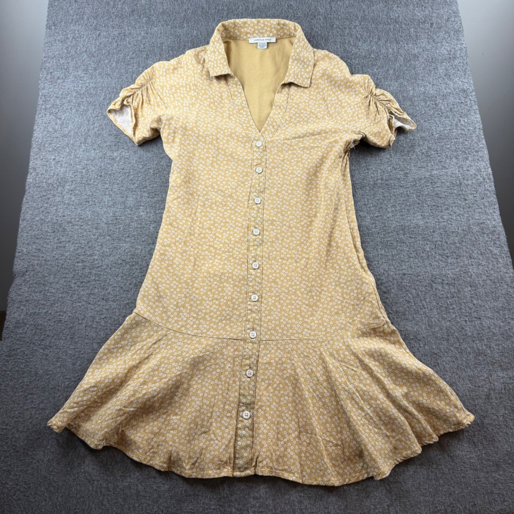 American Eagle Dress Womens XS Yellow Floral Button‎ Front Ruffle Mini Puff